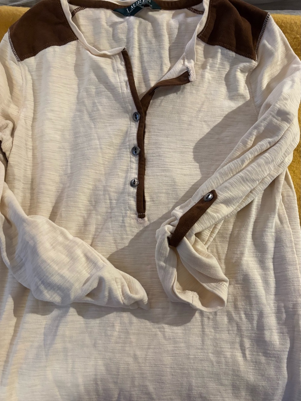Ralph Lauren Cream Henley Top with Brown faux suede  xs